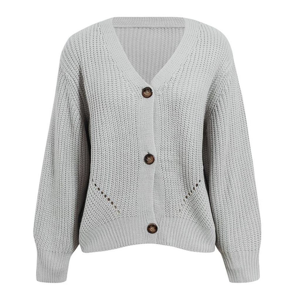 Grey Knit Button Front V-neck Cardigan - Picture 5 of 16
